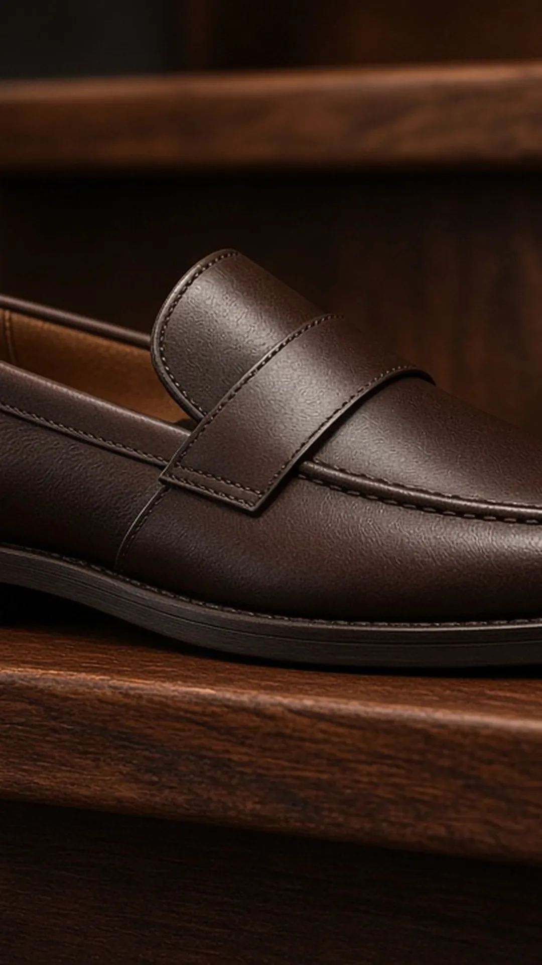 Leather loafer slipper on a stair tread, side view
