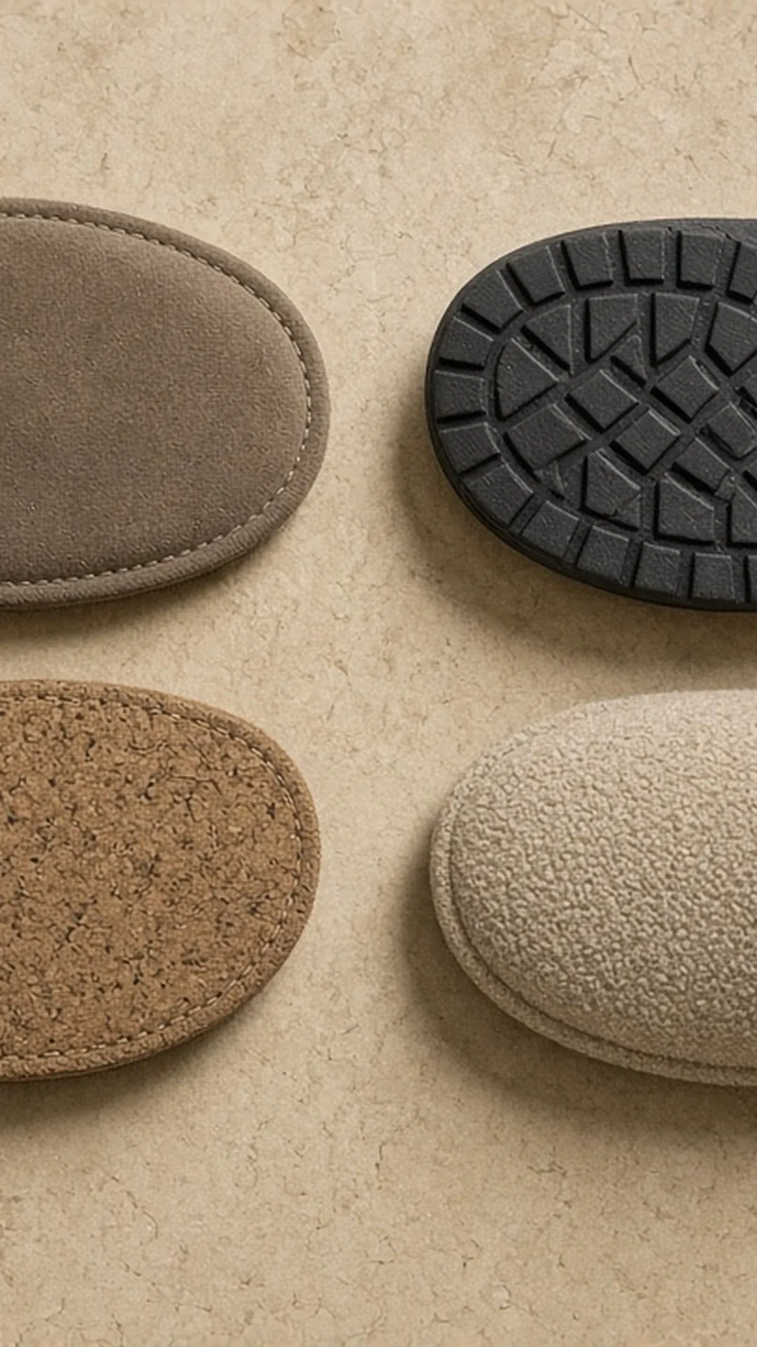 Four slipper soles flipped over, flat lay